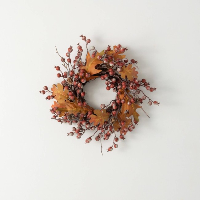  14.75" Fall Berry Leaf Accent Ring, Mini Wreath, Candle Ring, Table Decor, Perfect for Fireplace Mantels, Dining and Living Rooms