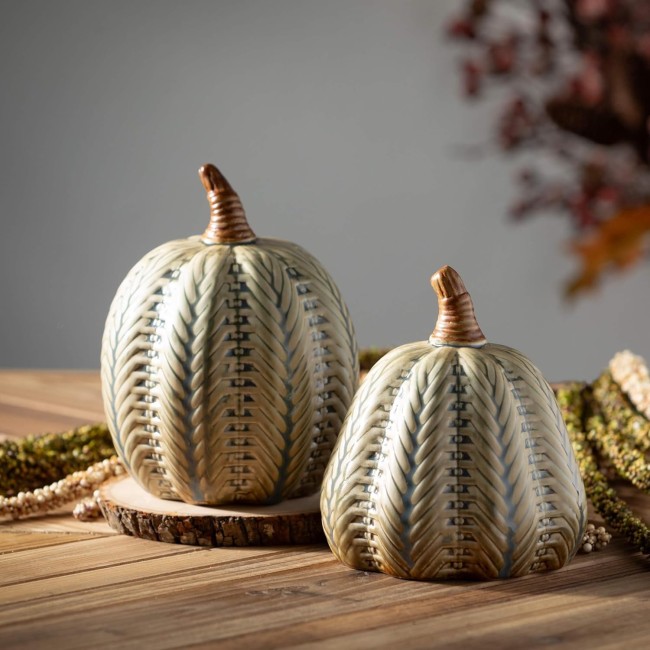  Blue Brushed Green Pumpkin Set of 3, Fall Decorative Small Pumpkins, Perfect for Halloween Thanksgiving Harvest Decorating for Mantels and Tabletops