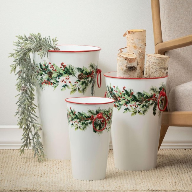  Metal Christmas Vase Trio, Holiday Plant and Flower Pots for Garden Patio Entryway Décor and Gifts, Christmas Containers