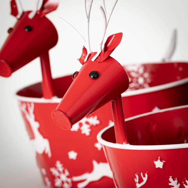  White Embellished Red Reindeer Pots, Holiday Plant and Flower Pots for Garden Patio Entryway Décor and Gifts, Christmas Containers