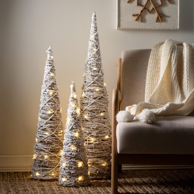  White Lighted Frosted Cone Trees Set of 3, Christmas Decorative Mini Trees for Bookshelf, Shelf and Mantel Holiday Figurines for Office, Table or Desk