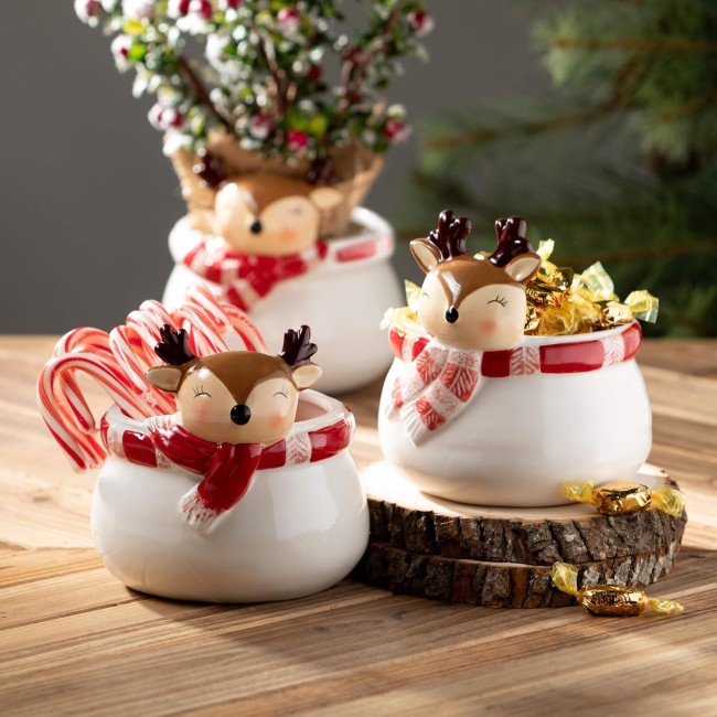  Whimsical Reindeer Containers, Set of 3, Christmas Decorations Candy Dish for Tables, Counters, Small Ceramic Christmas Containers Gifts